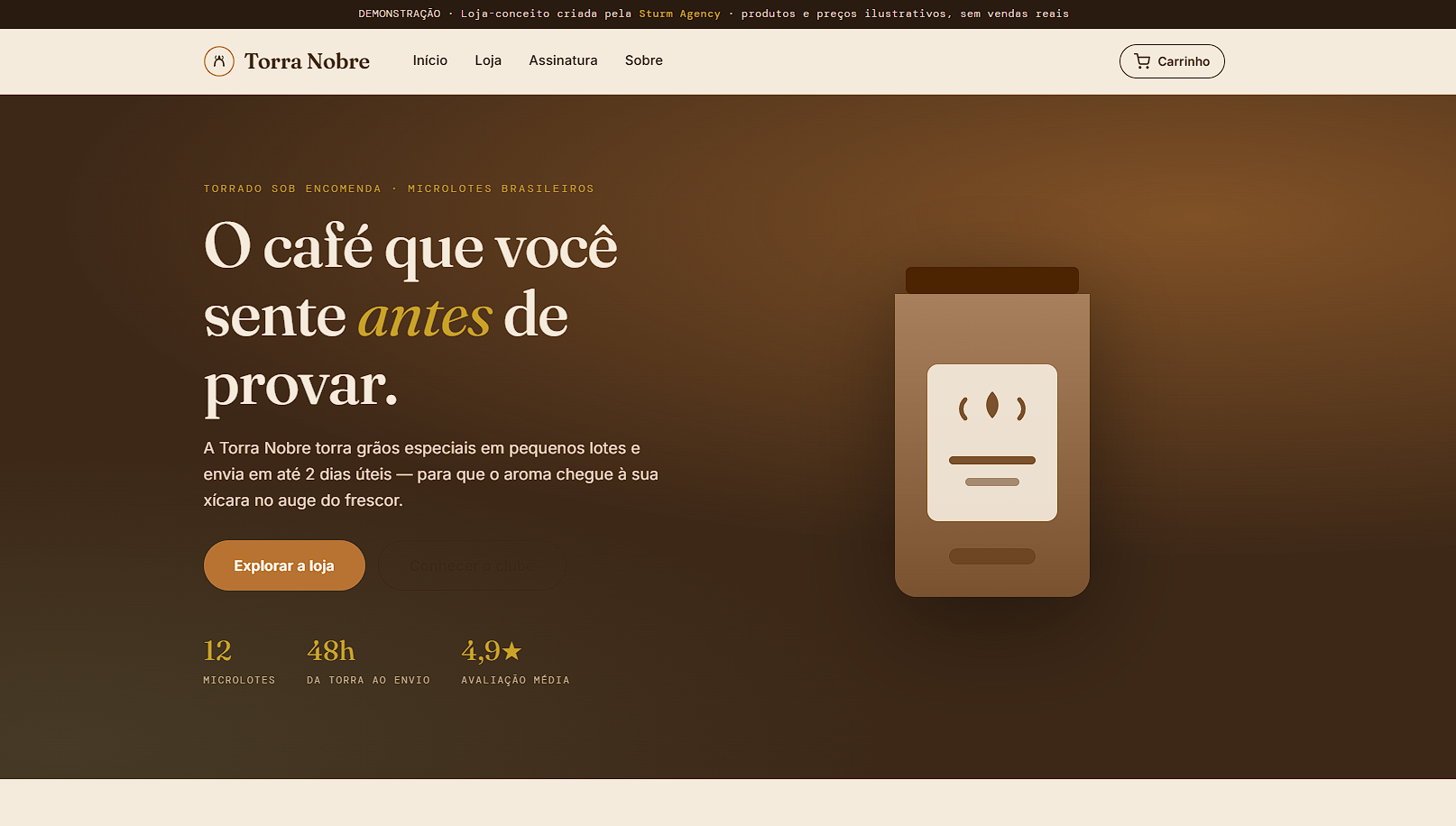 Modelo de loja virtual da Sturm Agency, com vitrine de produtos e página de produto