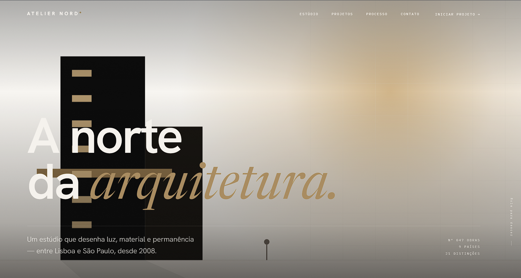 Modelo de site premium da Sturm Agency, com cenas grandes e alternando fundo claro e escuro